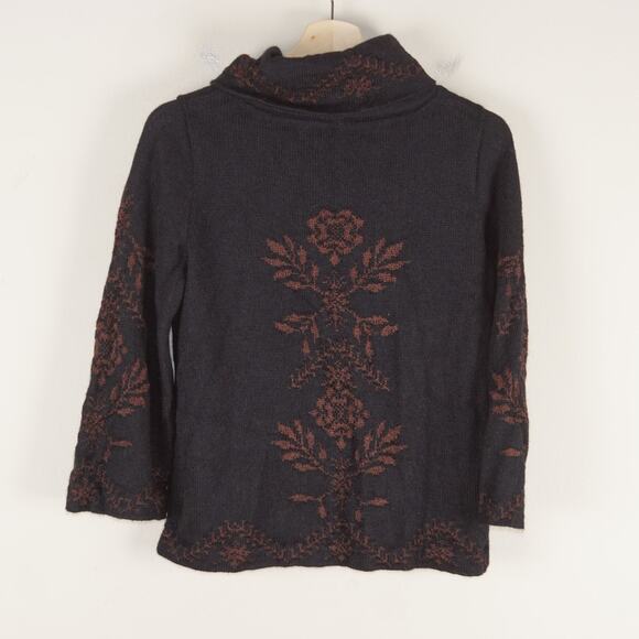 Peruvian Connection Black Floral Knit Alpaca Blend Pullover Turtleneck Sweater M - Picture 2 of 9